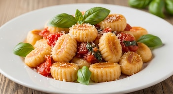 Un plato blanco contiene ñoquis de ricota bañados en salsa de tomate roja, espolvoreados con queso rallado blanco y decorados con hojas de albahaca verde.