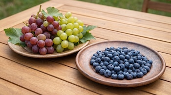 Dos platos sobre una mesa de madera: uno contiene uvas rojas y verdes con hojas, y el otro contiene arándanos.