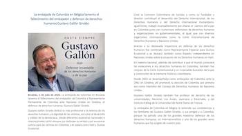 La Embajada de Colombia en Bélgica expresó sus condolencias por el fallecimiento de Gustavo Gallón Giraldo y destacó su legado como defensor de los derechos humanos y de la paz - crédito
Embajada de Colombia en Bruselas
