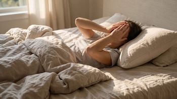 Una mujer acostada en una cama con almohadas y un edredón de color claro cubre su rostro con ambas manos