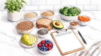 Recipientes con legumbres, brócoli, zanahorias, frutos secos, bayas, pan y un portapapeles con el texto alimentación rica fibra sobre mármol.