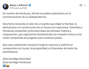 El mandatario hondureño resaltó vínculos históricos con Colombia. (FOTO: X)