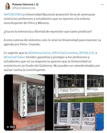 La senadora y candidata presidencial Paloma Valencia se sumó a los reclamos desde su cuenta de X y exigió la intervención urgente de las autoridades para proteger a los miembros de la universidad - crédito @PalomaValenciaL/X