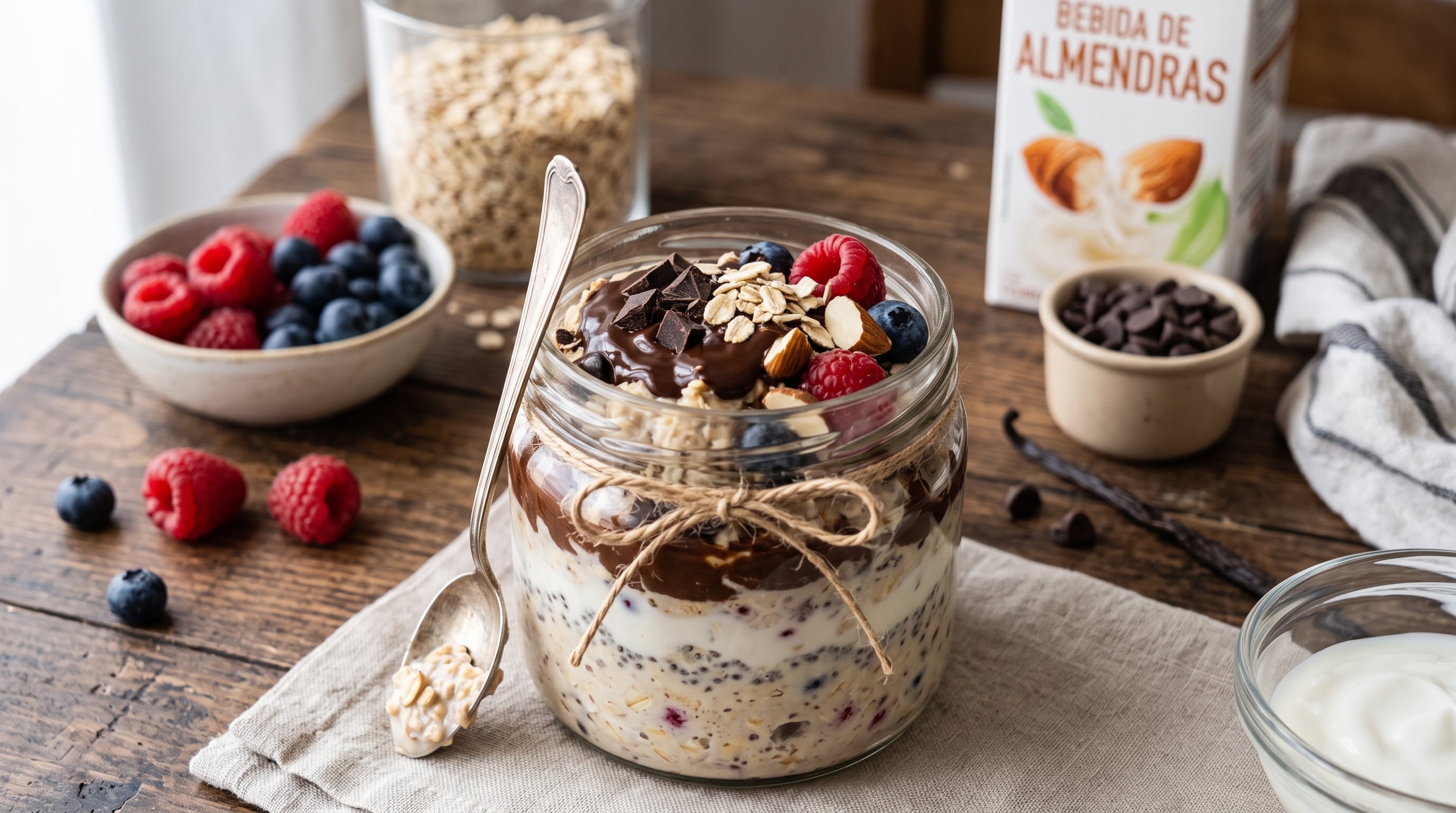 Un frasco de vidrio contiene avena nocturna acompañada por yogur, fruta fresca y un envase de bebida de almendras sobre una mesa de madera. (Imagen Ilustrativa Infobae)