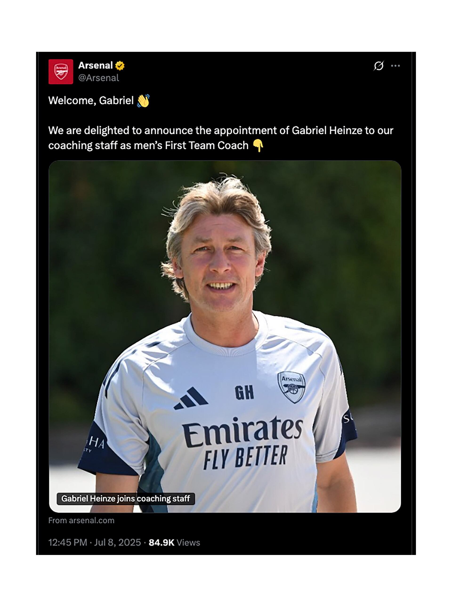 Arsenal de Inglaterra anunció la llegada de Gabriel Heinze como nuevo ayudante de campo de Mikel Arteta (@Arsenal)