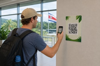 Un hombre con mochila escanea con su celular un código QR colgado en la pared, ante una ventana que deja ver la bandera de Costa Rica al fondo.