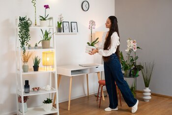 Una mujer decorando una habitación