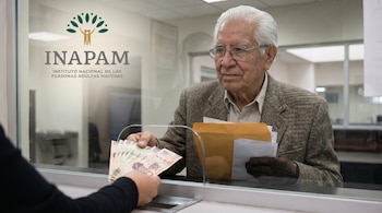 Un hombre mayor con gafas y cabello blanco recibe billetes de 100 pesos mexicanos de una mano detrás de una ventanilla de vidrio. El logo de INAPAM es visible.