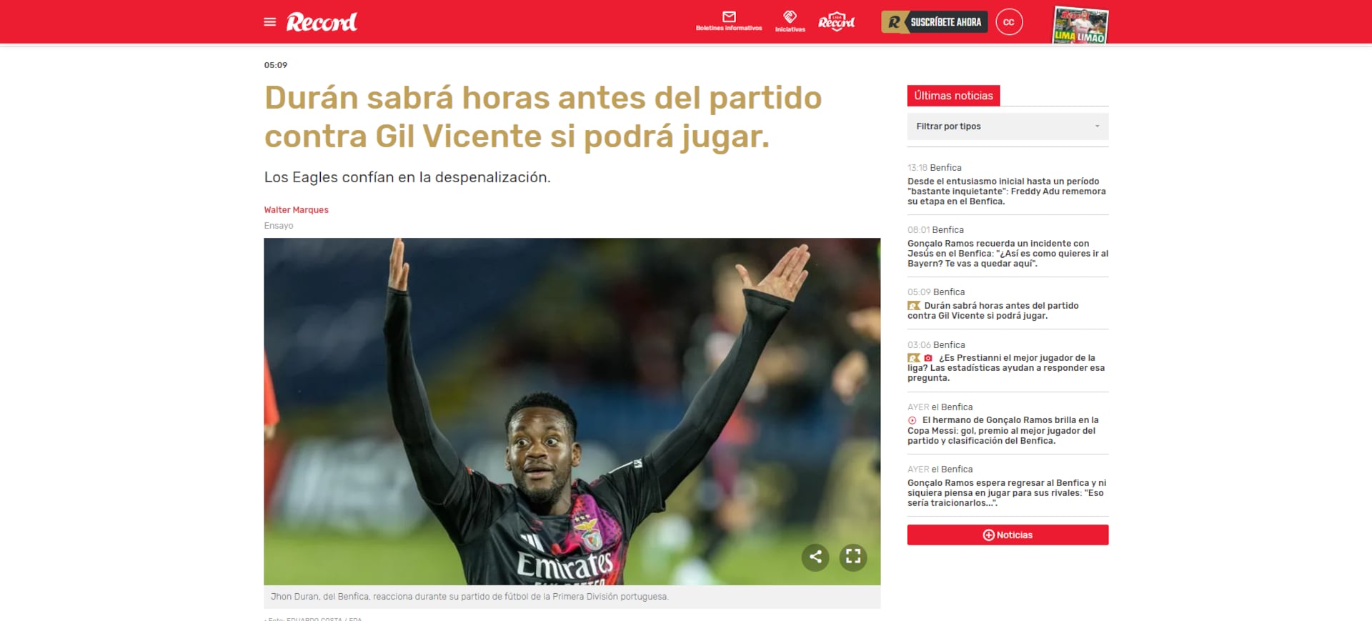 El diario detalló que en la previa del juego de la Copa de la Liga de Portugal ante el Gil Vicente, Benfica sabrá si podrá contar con el exdelantero del Fenerbahçe-crédito Record Portugal