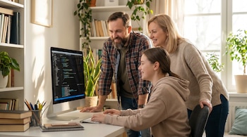 Familia blanca, padre, madre e hija adolescente, en un escritorio con la hija frente a una computadora. Los padres sonríen y miran la pantalla con interés.