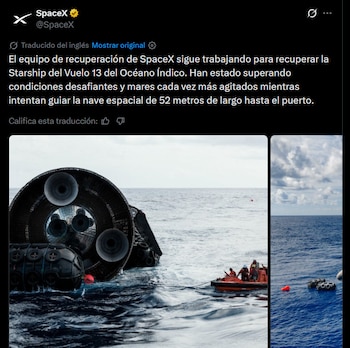 Una Starship que aterrizó en el océano Índico se encuentra siendo recuperada. (X)