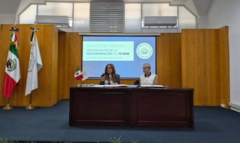 Olga Méndez, titular de la CEDHNL, ofreció una conferencia de prensa para exhibir los casos de tuberculosis en ceresos de Nuevo León.
Crédito: Hora Cero