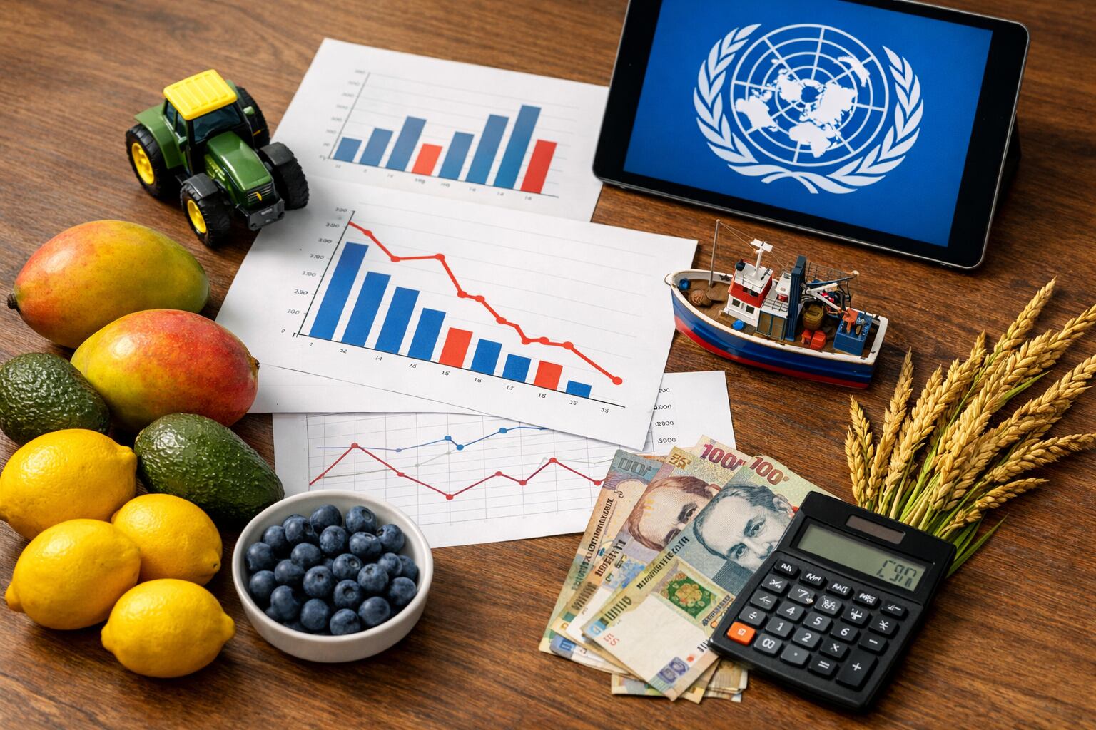 Una vista aérea de una mesa de trabajo muestra gráficos económicos, modelos de tractores y barcos, frutas frescas, espigas de arroz, billetes peruanos y una calculadora, ilustrando el impacto de El Niño en la economía y producción de Perú. (Imagen Ilustrativa Infobae)