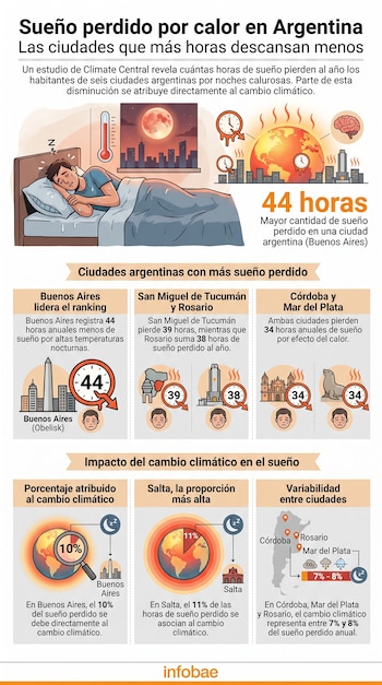 Infografía con un hombre durmiendo sudando en una cama, termómetros, ciudades, mapas de Argentina y gráficos que muestran la pérdida de sueño por calor en ciudades argentinas.