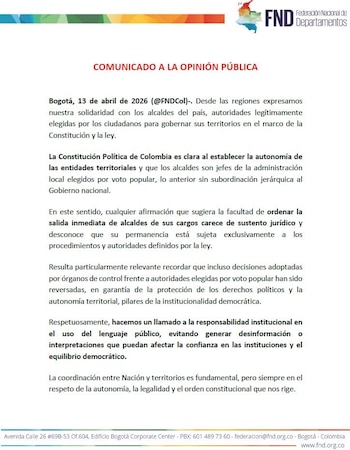 La FND considera necesario que se abran ventanas de diálogo entre el Gobierno nacional y los alcaldes - crédito FND