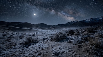 Un terreno desértico con rocas, arbustos escarchados, dunas, montañas al fondo, la Luna y la Vía Láctea en un cielo nocturno.