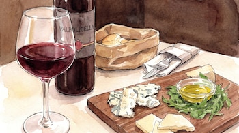 Ilustración en acuarela de una mesa con copa y botella de vino tinto Valpolicella, tabla de quesos con Gorgonzola y parmesano, rúcula, aceite y pan.