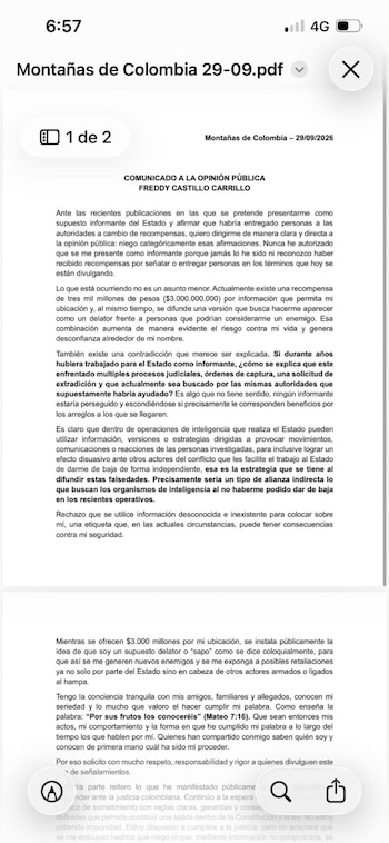 El 29 de septiembre de 2026, Freddy Castillo Carrillo, alias Pinocho, máximo jefe de las Autodefensas Conquistadoras de la Sierra Nevada (Acsn) , negó ser informante del Estado y sostuvo que esa versión, difundida mientras existe una recompensa de $ 3.000 millones por información sobre su ubicación - crédito Fredy Castillo