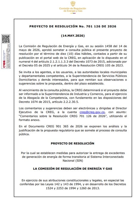 El proyecto de resolución de la Creg propone medias permanentes y mecanismos de activación temporal orientados a atender los escenarios de estrés energético - crédito Creg