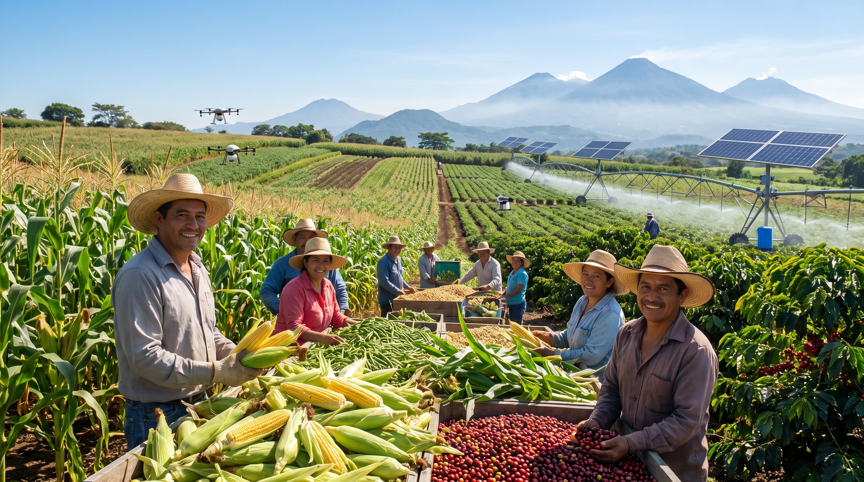 Agricultores en El Salvador recolectan diversos cultivos con el apoyo de drones, paneles solares y sistemas de riego, reflejando avances en técnicas agrícolas para optimizar la producción. (Imagen Ilustrativa Infobae)