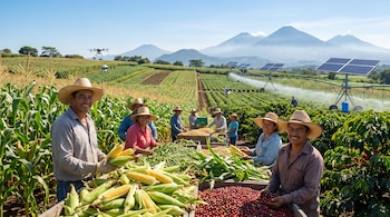 Campo agrícola con agricultores cosechando maíz, frijoles y café. Se observan dos drones en el aire, paneles solares, sistema de riego y montañas de fondo.