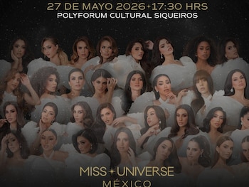 Poster oscuro con texto "Travel Time" y "Runway Gala 2026". Abajo, un collage de veinticinco mujeres, candidatas de "Miss Universe México", sobre un fondo nebuloso blanco