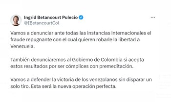 Ingrid Betancourt acusó de fraude al proceso electoral que proclamó la victoria de Nicolás Maduro en Venezuela - crédito @IBetancourtCol/X