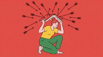 Ilustración de una mujer arrodillada, con un moño y ropa verde y amarilla, usando un libro abierto como escudo ante múltiples flechas que caen.
