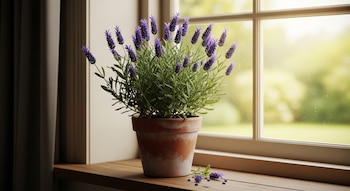 Primer plano de una lavanda dentada en maceta de terracota sobre un alféizar de madera, con una ventana y cortina oscura al fondo.