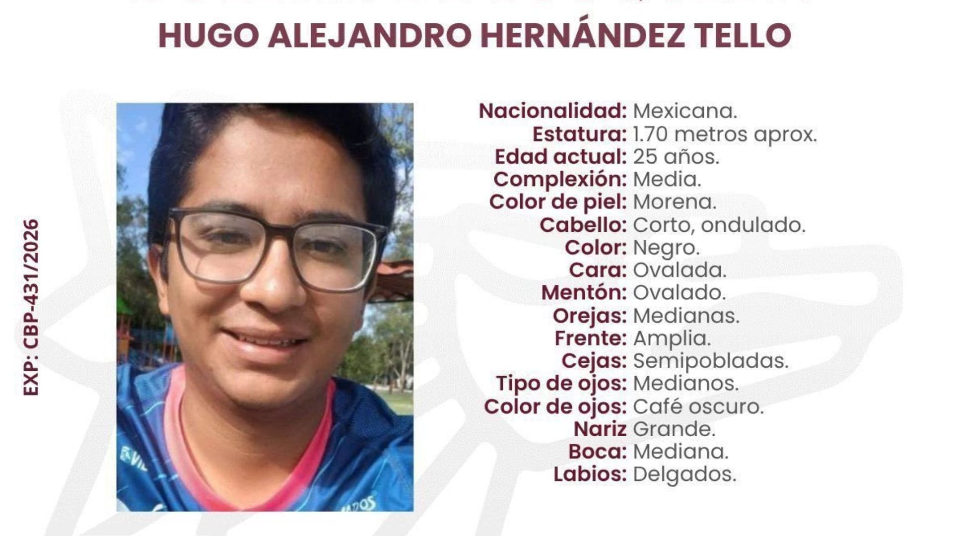 Ficha de búsqueda de Hugo Alejandro Hernández Tello. (FGE Puebla)