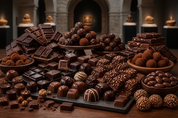 Decenas de bombones, trufas y tabletas de chocolate repartidos sobre cuencos y superficies de madera.