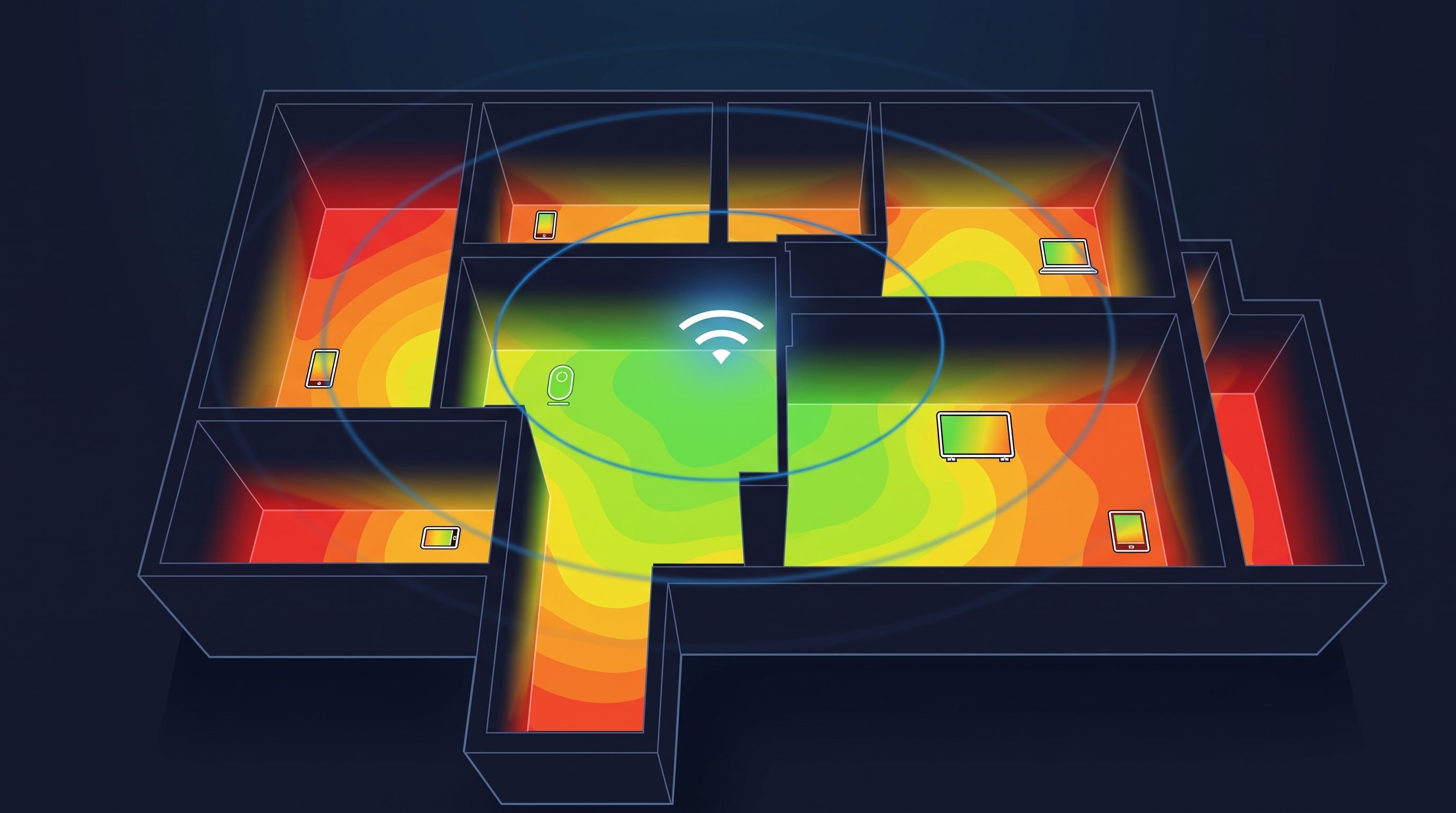 El plano tridimensional de una vivienda ilustra la cobertura de la señal wifi mediante un mapa de calor que varía del verde al rojo según la intensidad. (Imagen Ilustrativa Infobae)