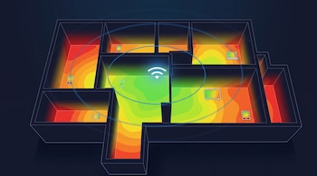 Plano tridimensional de una casa con un icono de wifi central, ondas de señal y un mapa de calor de color verde, amarillo y rojo.