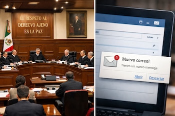 Vista dividida: a la izquierda, ministros de la SCJN en sesión; a la derecha, una notificación de nuevo correo electrónico en una laptop abierta.
