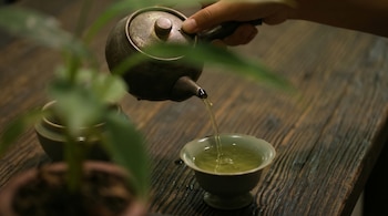 Una mano sostiene una tetera oscura vertiendo té verde Kukicha en una pequeña taza clara sobre una superficie de madera. Una planta borrosa está en primer plano.