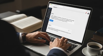 Manos de un abogado escribiendo en una laptop, que muestra la interfaz de ChatGPT, junto a un libro abierto y una taza de café.