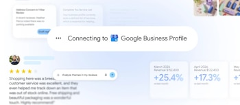 Captura de pantalla de interfaz. Barra de conexión a Google Business Profile. Imagen de perfil, cuatro estrellas, reseña borrosa. Tarjetas con ingresos de marzo y abril de 2026, con porcentajes de variación