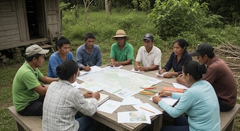 Ocho personas sentadas en una mesa de madera al aire libre con mapas, documentos, hojas y lápices. Se observa vegetación densa y una cabaña de madera.