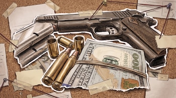 Pistola, cargador, balas, casquillos, fajo de billetes de cien dólares y papeles con chinchetas y cuerdas sobre un tablero de corcho.