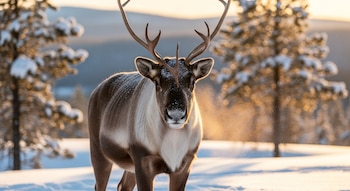 Primer plano de un reno hembra con astas en un paisaje invernal. La nieve cubre el suelo y los árboles, con luz cálida en el fondo.