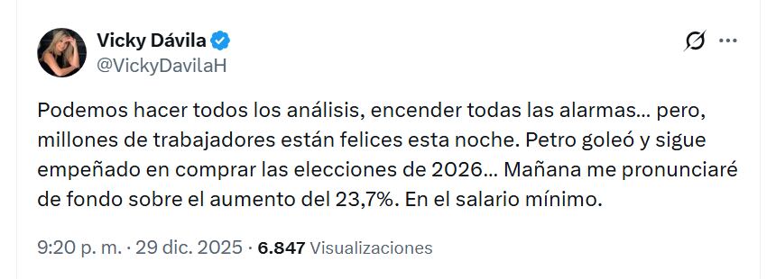 Vicky Dávila señaló que el mandatario intenta asegurar su popularidad con decisiones que podrían tener un impacto populista - crédito @VickyDavialH/X