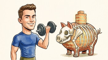 Ilustración de un hombre que levanta una mancuerna junto a una alcancía de ladrillos con un esqueleto visible.