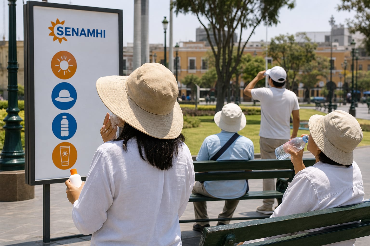 Residentes en un parque de Lima se aplican protector solar y beben agua frente a un panel informativo del Senamhi durante una ola de calor. (Imagen Ilustrativa Infobae)