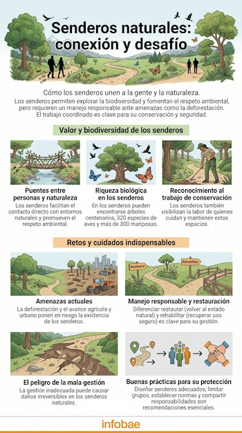 Infografía con ilustraciones de senderos naturales, personas, flora y fauna, y gráficos sobre biodiversidad, amenazas y gestión ambiental.