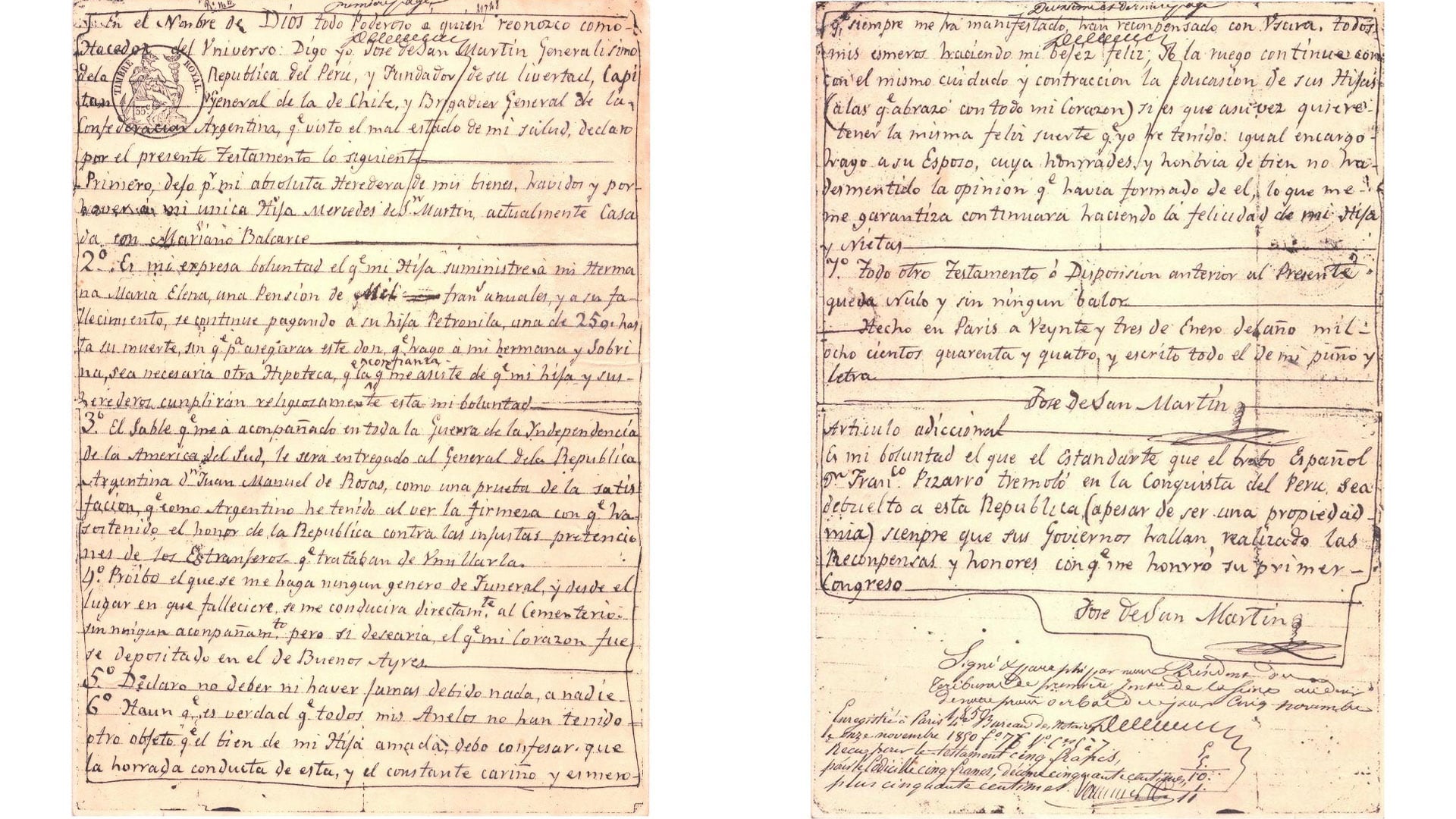Testamento del general, fechado en enero de 1844. En su cláusula tercera, lega su sable corvo a Juan Manuel de Rosas