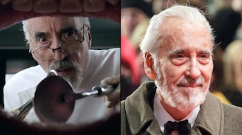 Imagen dividida con un hombre de gafas, bata blanca y herramienta dental a la izquierda, y el mismo hombre con traje, corbata de moño y barba blanca a la derecha.