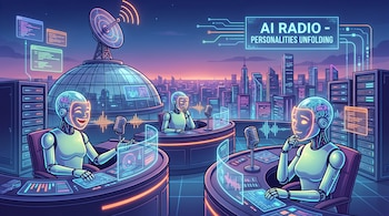 Tres robots, dos sonrientes y uno pensativo, operan consolas de radio con micrófonos y pantallas holográficas. Fondo con antena satelital y ciudad futurista.