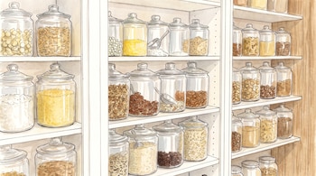 Estantería con frascos de vidrio transparentes llenos de cereales, granos y frutos secos.