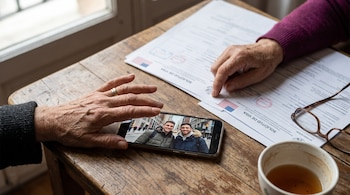 Manos de una persona mayor junto a formularios de solicitud de visa de Estados Unidos, lentes y un teléfono móvil con una foto de dos jóvenes.