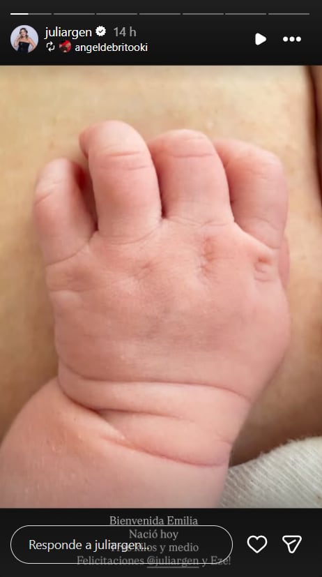 La imagen que eligió Ángel de Brito para anunciar el nacimiento de la hija de Juli Argenta, Emilia (Instagram)